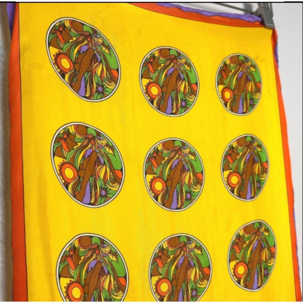 Frolic Vintage 70s Psychedelic Art Nouveau Scarf Yellow Orange Purple Oblong Mod